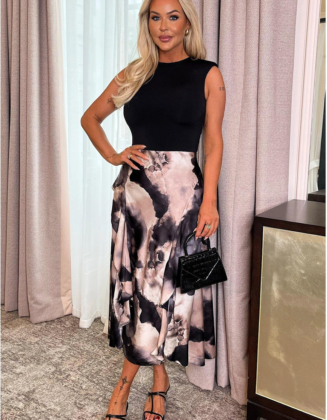 Marble Print 2 In 1 Double Frill Split Midi Dress - Multi