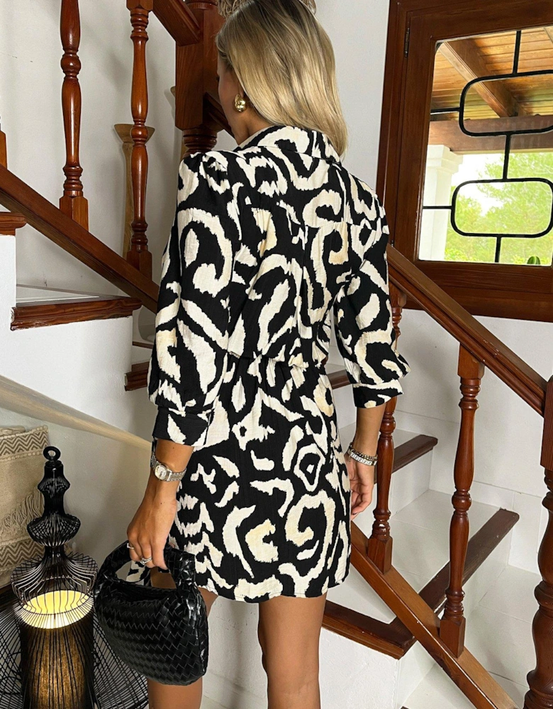 Black And Cream Abstract Print 3/4 Sleeves Waist Side Tie Mini Dress - Multi