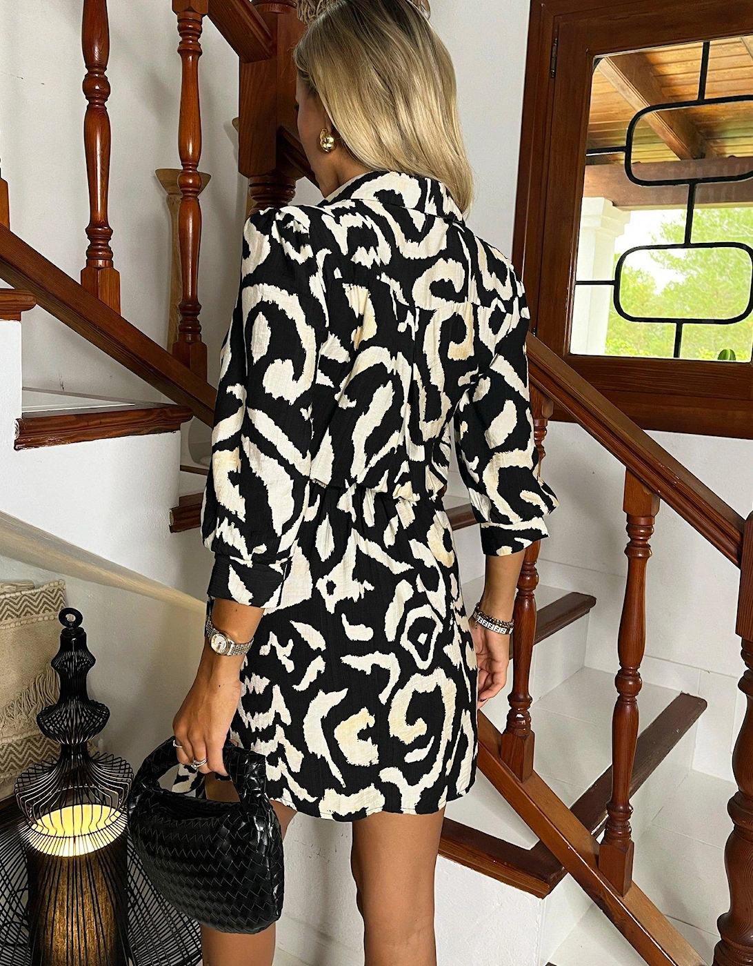 Black And Cream Abstract Print 3/4 Sleeves Waist Side Tie Mini Dress - Multi