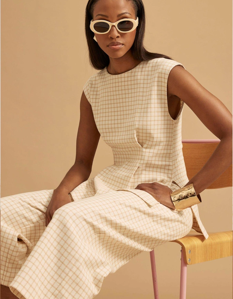 Tailored Darted Check Tunic Top - Cream