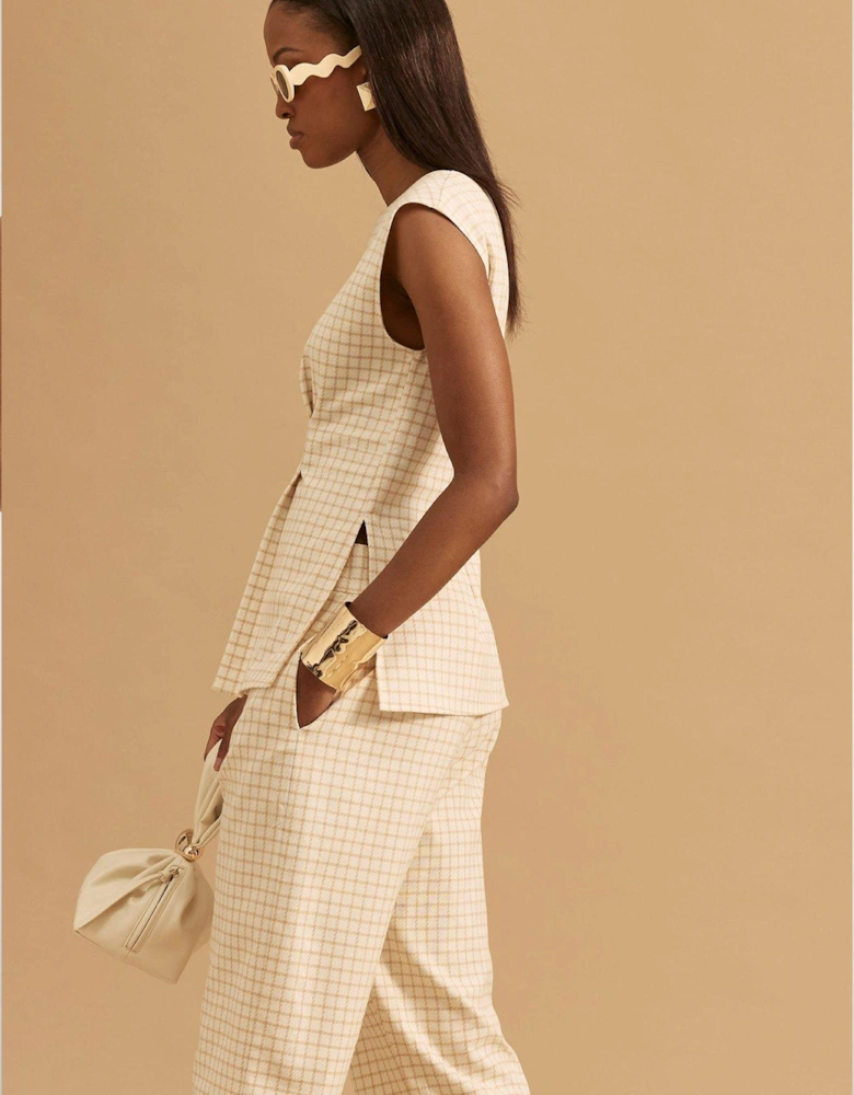 Tailored Darted Check Tunic Top - Cream