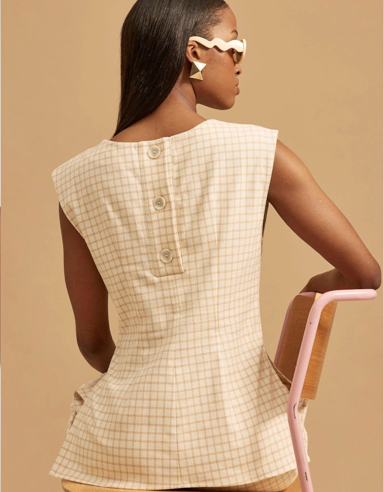 Tailored Darted Check Tunic Top - Cream