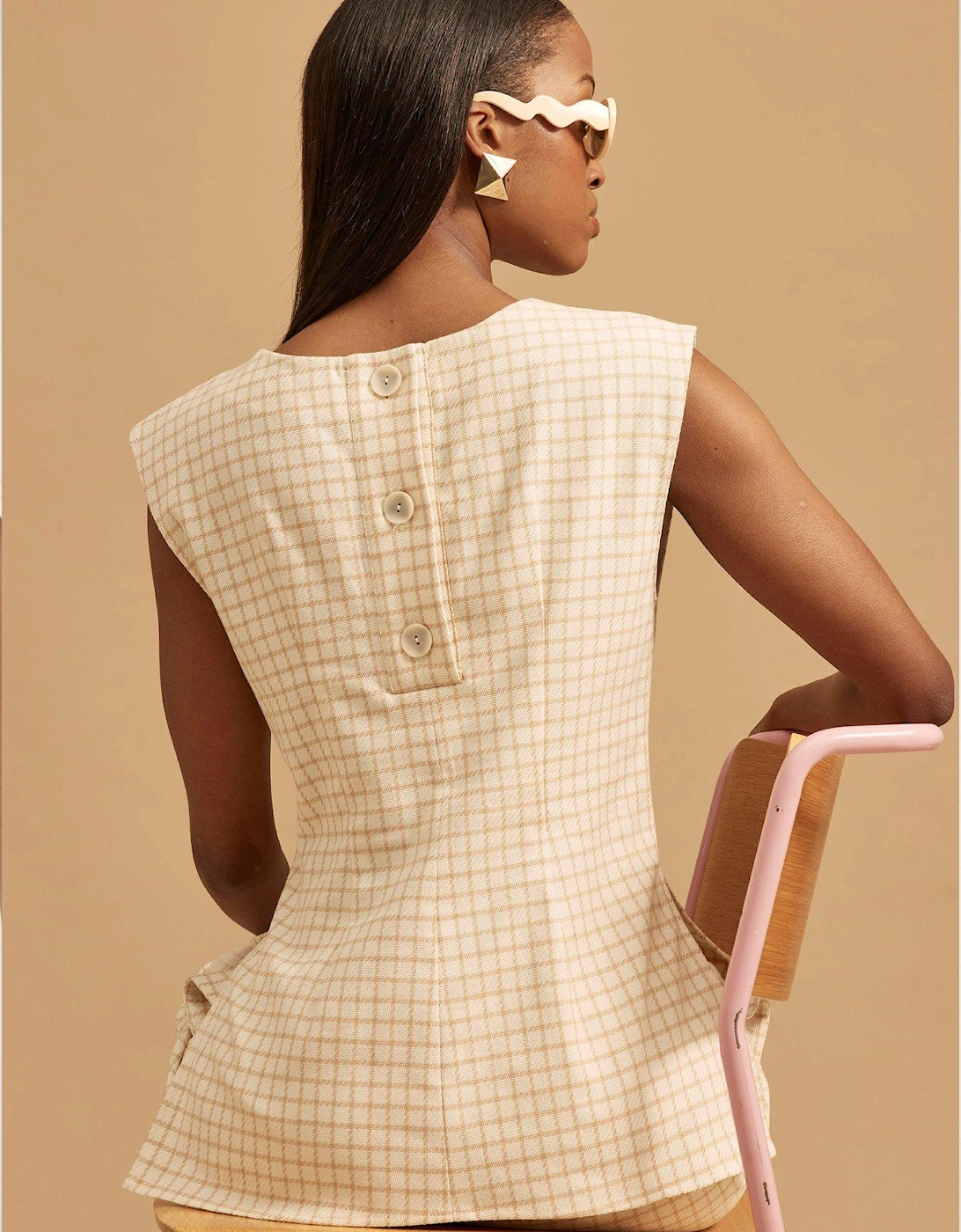 Tailored Darted Check Tunic Top - Cream