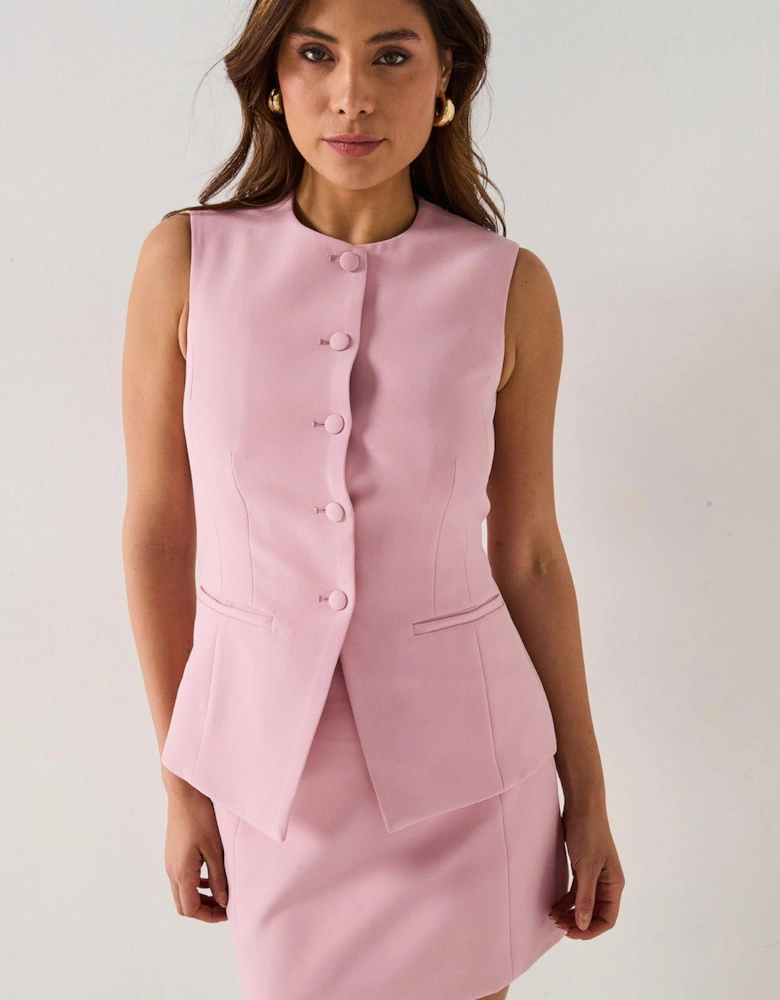 Round Neck Button Down Waistcoat - Pink