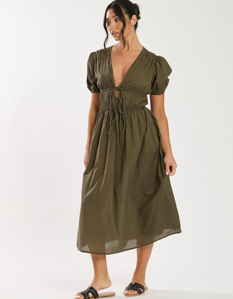 Tie Front Short Sleeve Midi Dress - Khaki