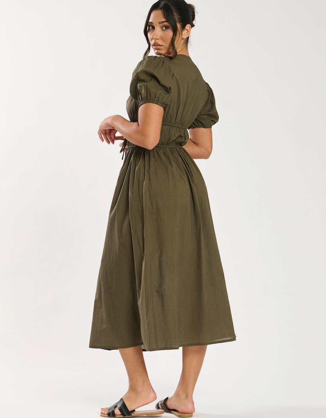 Tie Front Short Sleeve Midi Dress - Khaki
