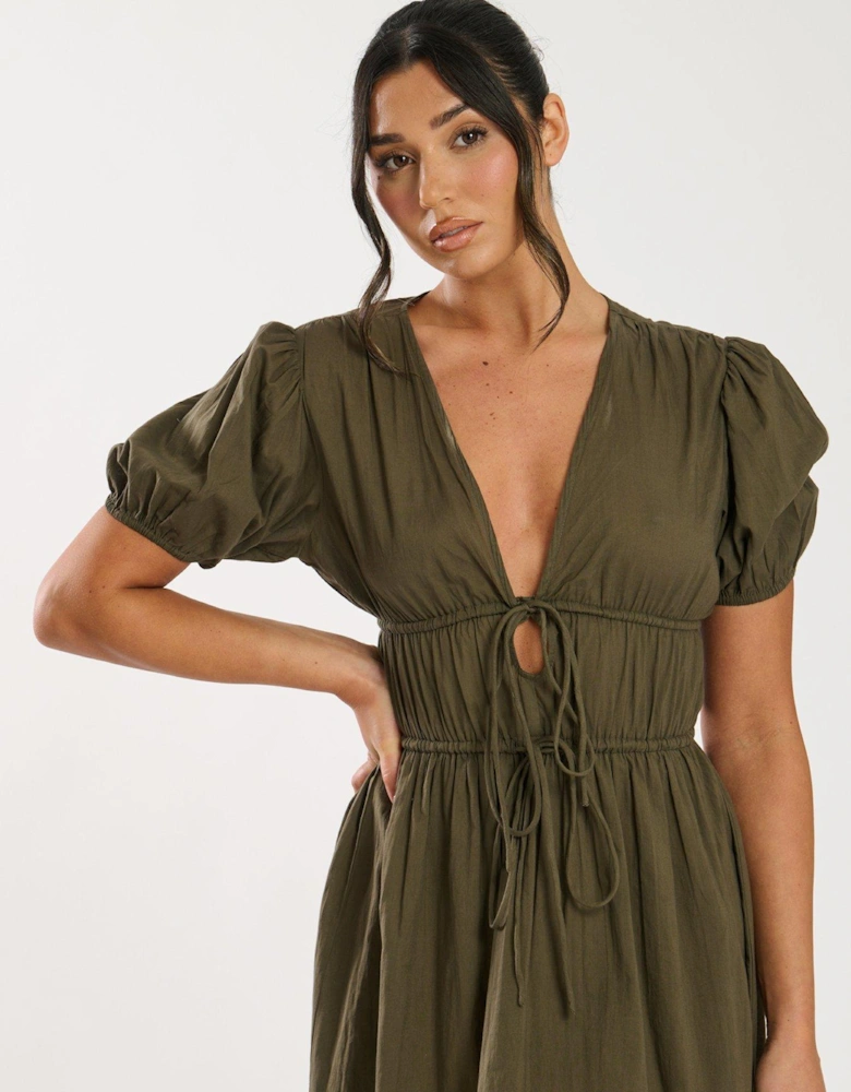 Tie Front Short Sleeve Midi Dress - Khaki