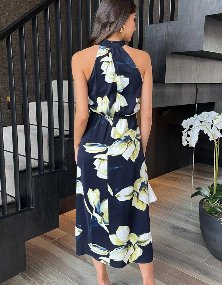 Floral Print Halter Neck Dipped Hem Midi Dress - Navy