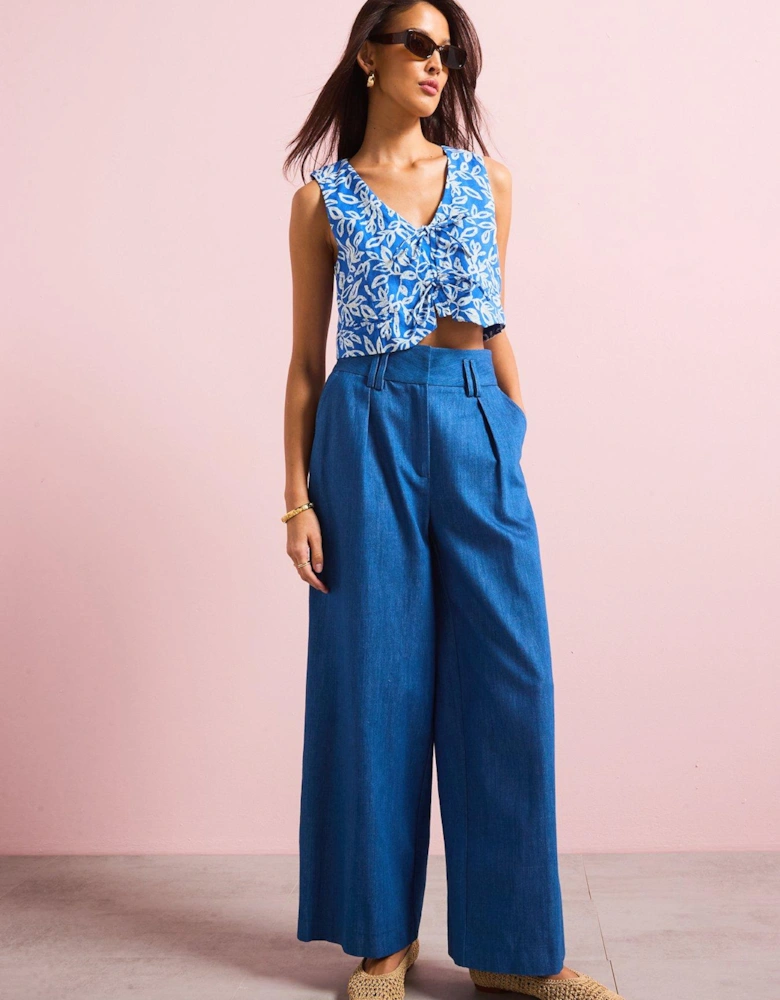 High Waisted Wide Leg Trousers - Blue