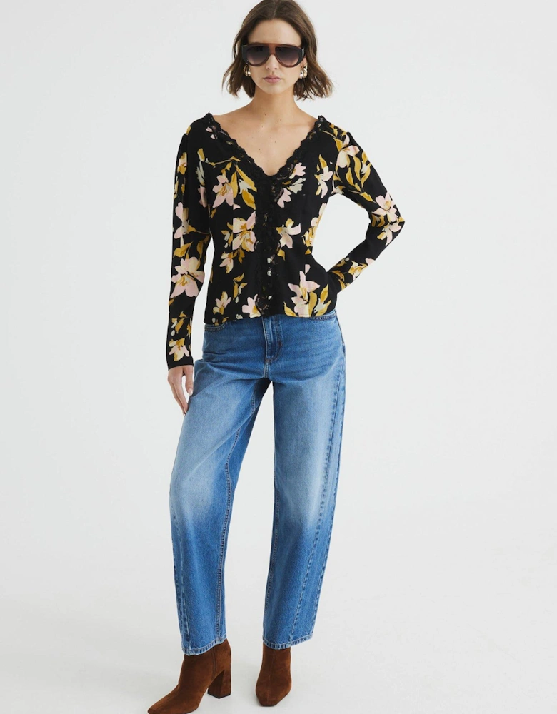 Printed Floral Lace Trim Top - Black