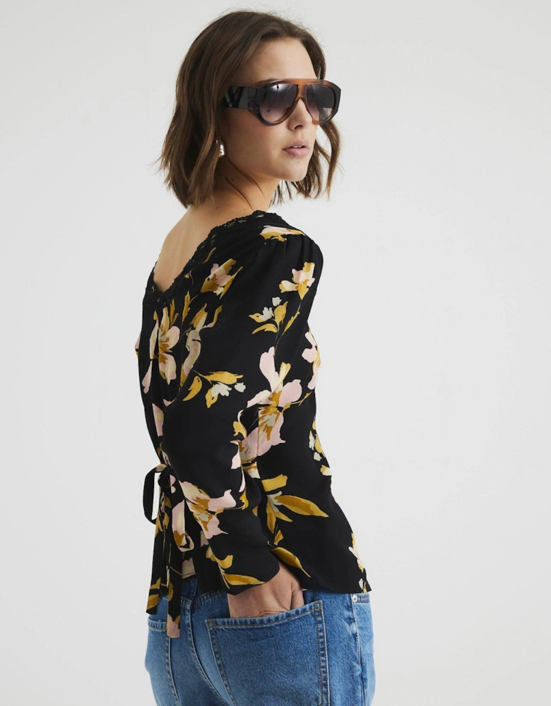 Printed Floral Lace Trim Top - Black