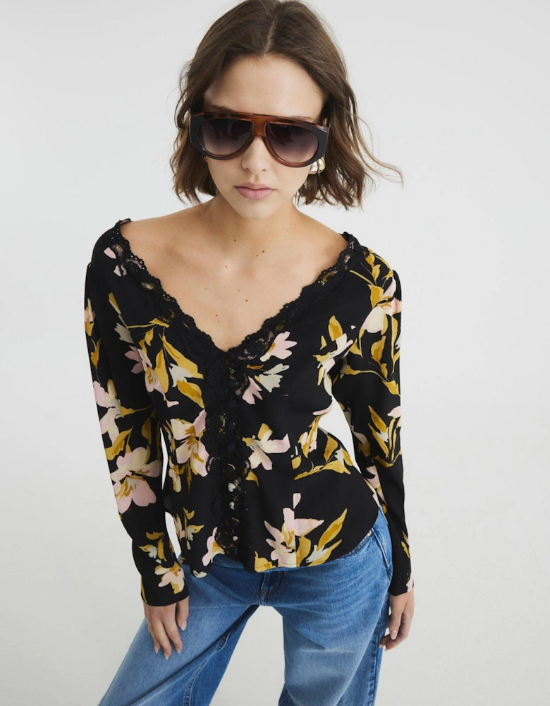 Printed Floral Lace Trim Top - Black