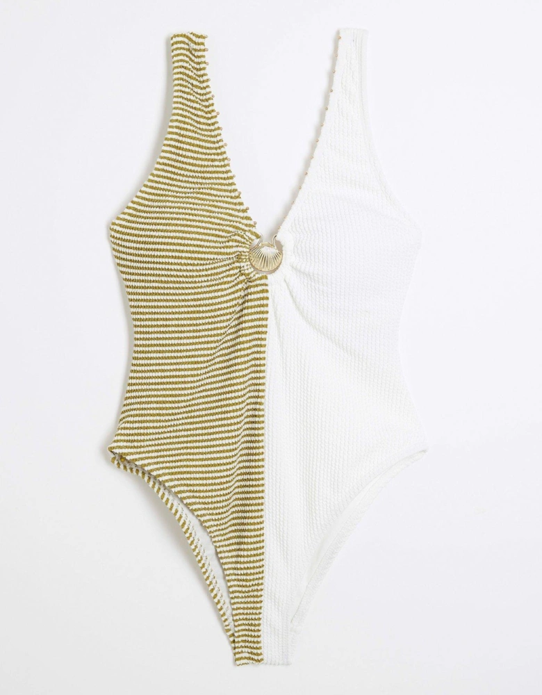 Spliced Stripe Texture Swimsuit - Khaki
