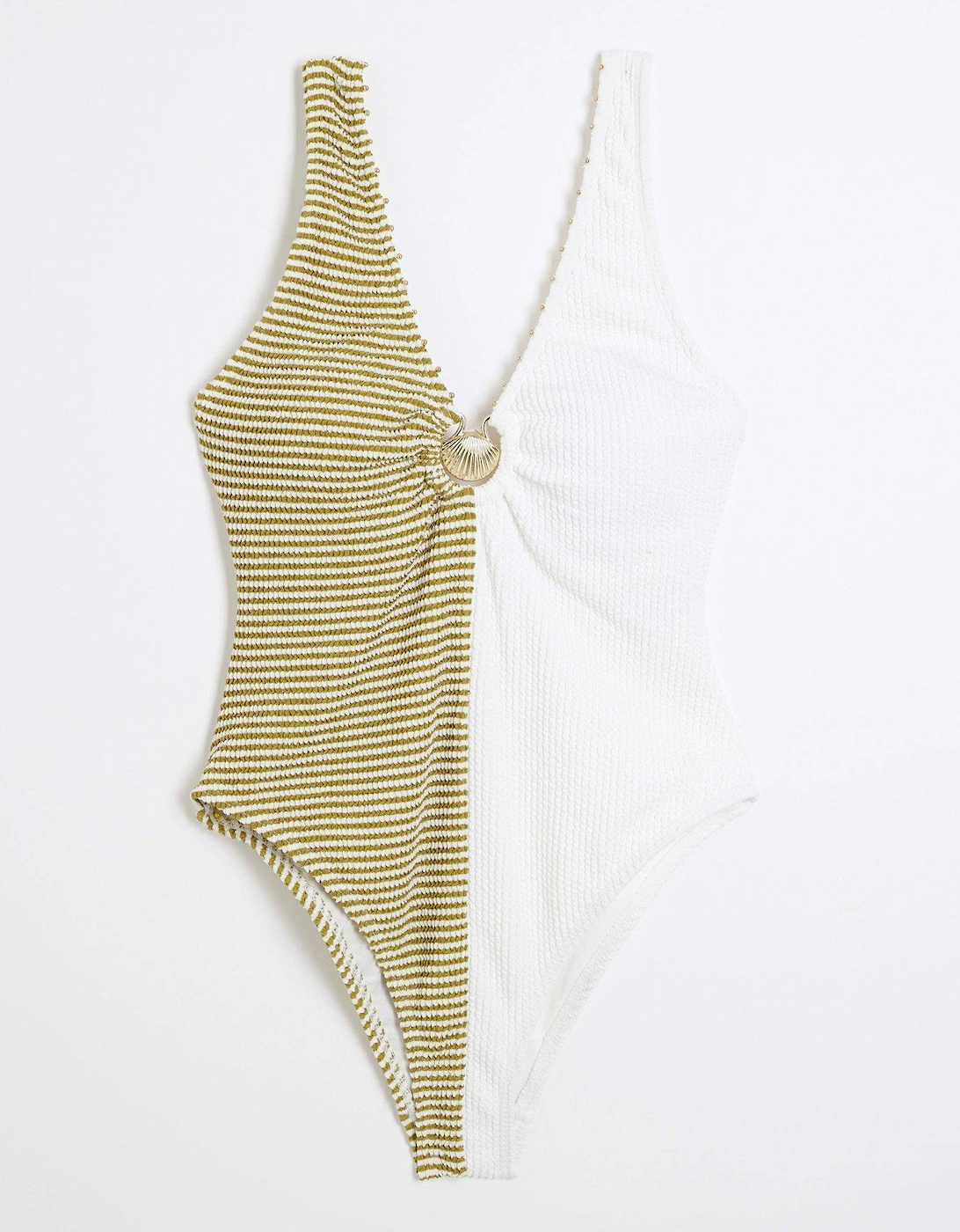 Spliced Stripe Texture Swimsuit - Khaki