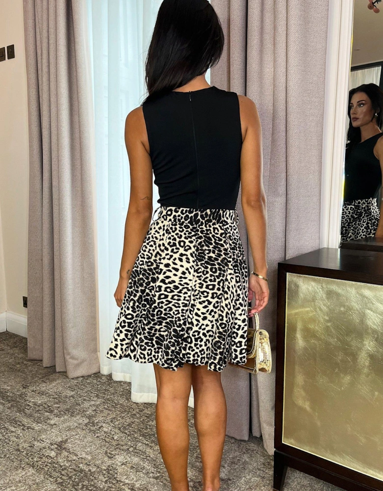 Leopard Print 2 In 1 Belted Mini Skater Dress - Multi