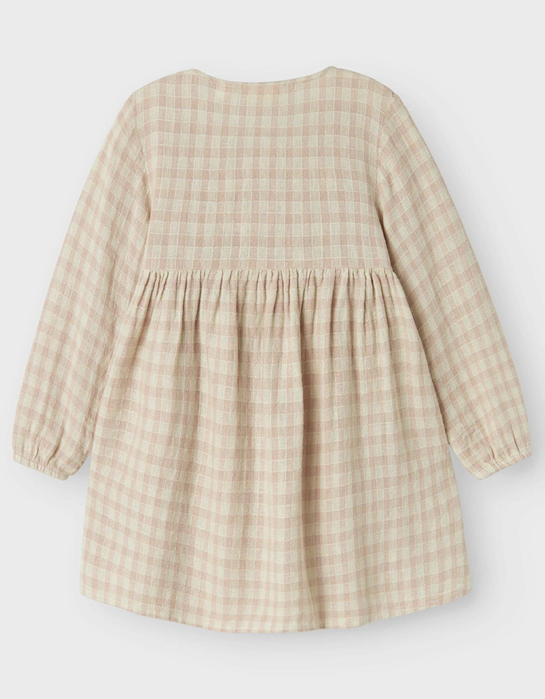 Mini Girls Long Sleeve Gingham Dress - Peach Whip