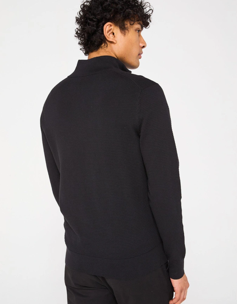Waffle Texture Quarter Zip Knitted Jumper - Black
