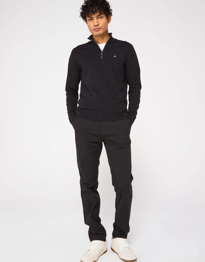 Waffle Texture Quarter Zip Knitted Jumper - Black