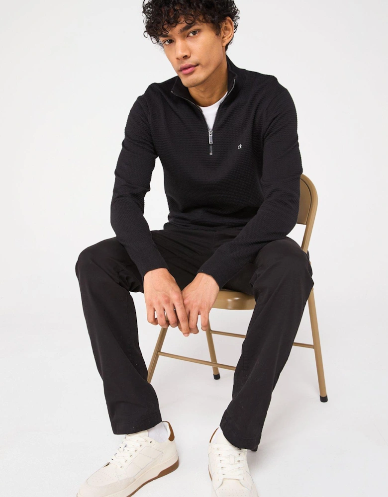Waffle Texture Quarter Zip Knitted Jumper - Black