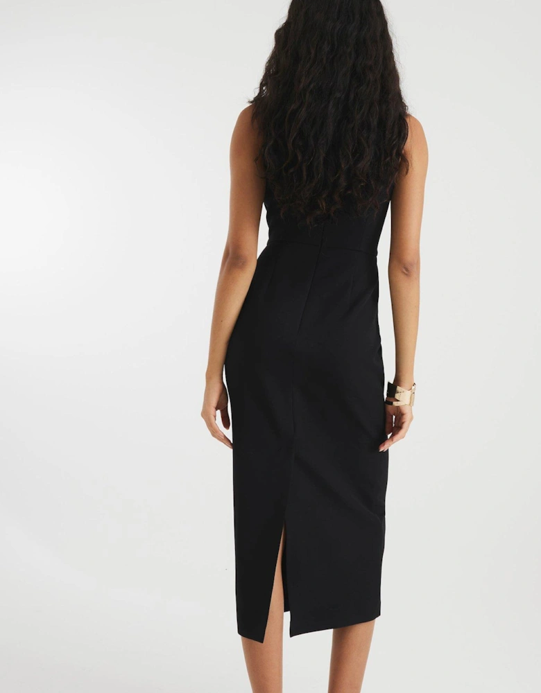 Clipped Collar Midi Dress - Black