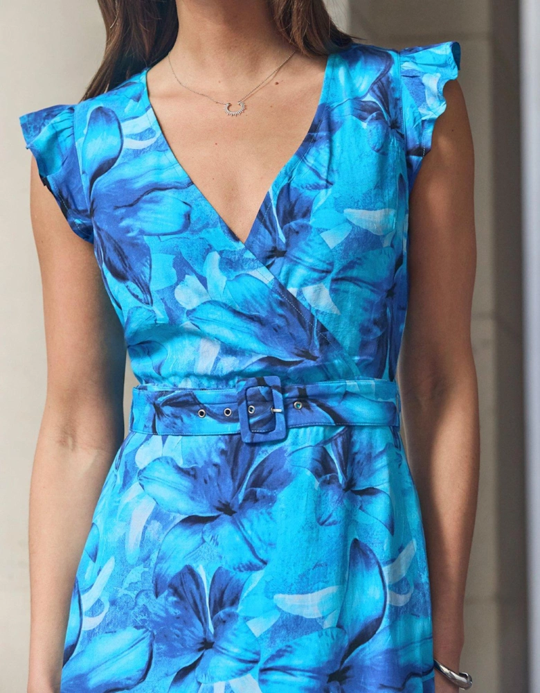 Floral Print Wrap Ruffle Hem Midi Dress  - Blue