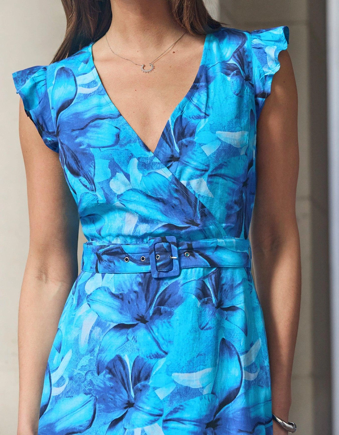 Floral Print Wrap Ruffle Hem Midi Dress  - Blue