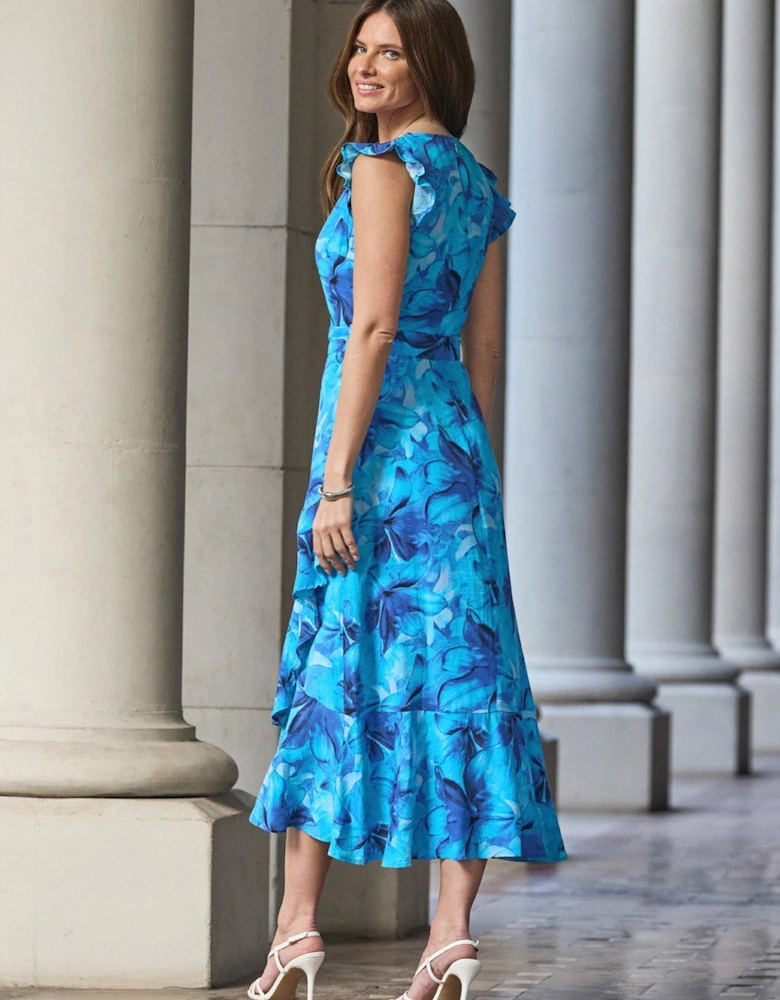 Floral Print Wrap Ruffle Hem Midi Dress  - Blue