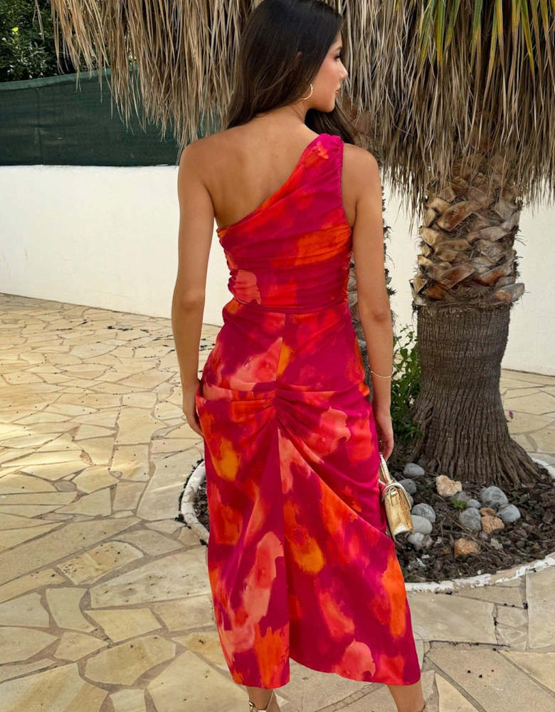 Smudge Print One Shoulder Knot Skirt Midi Dress - Pink