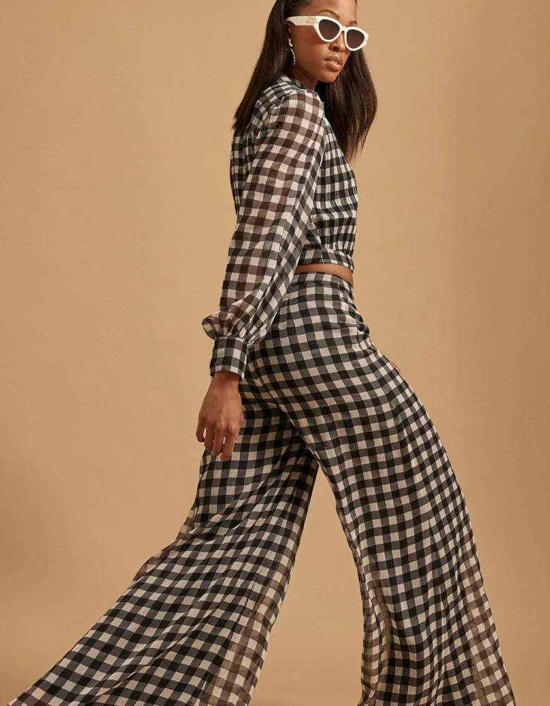 Gingham Wide Leg Trouser - Black
