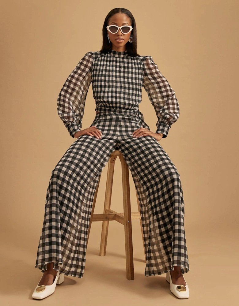 Gingham Wide Leg Trouser - Black
