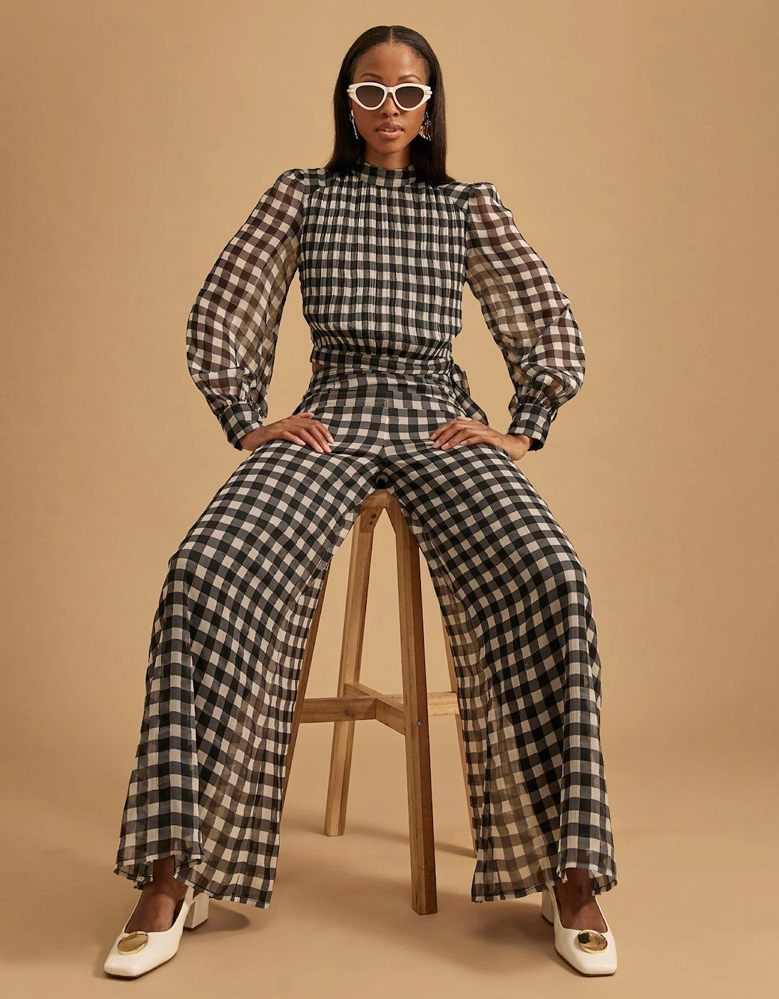 Gingham Wide Leg Trouser - Black