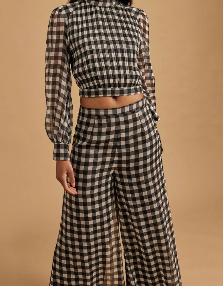 Gingham Wide Leg Trouser - Black
