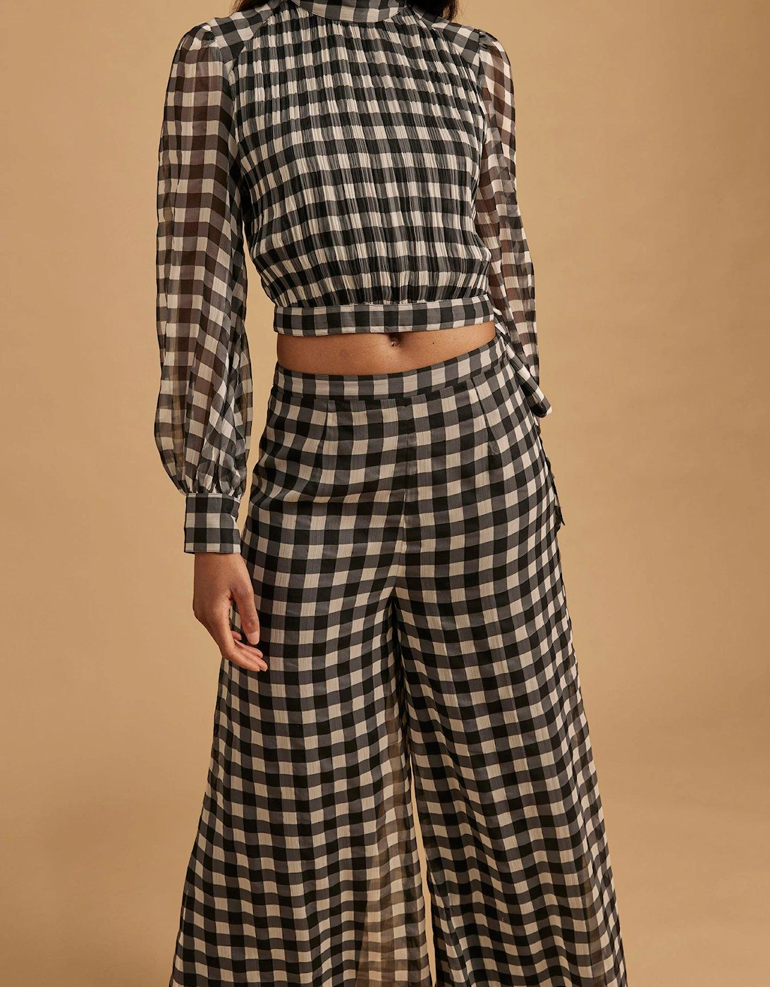 Gingham Wide Leg Trouser - Black