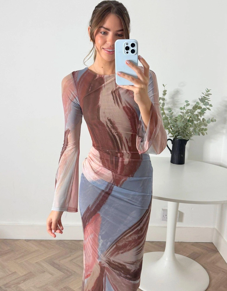 Flared Sleeve Mesh Midi Dress - Multi
