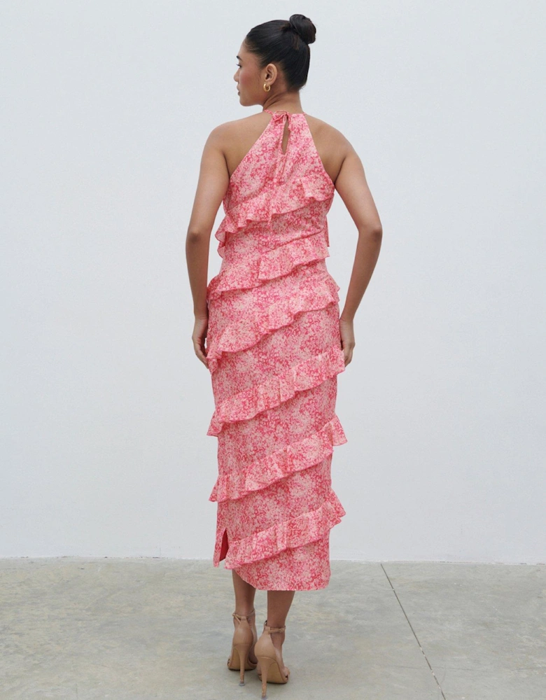 Katy Ruffle Halterneck Midaxi Dress - Pink