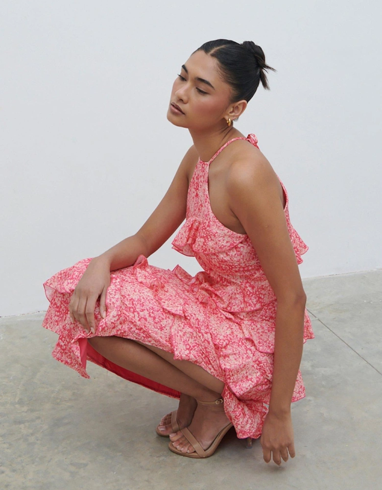 Katy Ruffle Halterneck Midaxi Dress - Pink