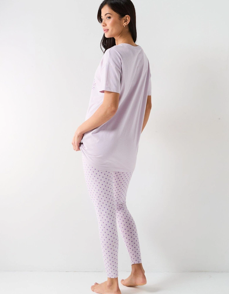 Longline Tshirt And Polka Dot Legging Pj Set - Lilac