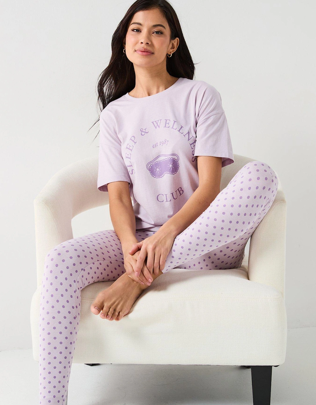 Longline Tshirt And Polka Dot Legging Pj Set - Lilac