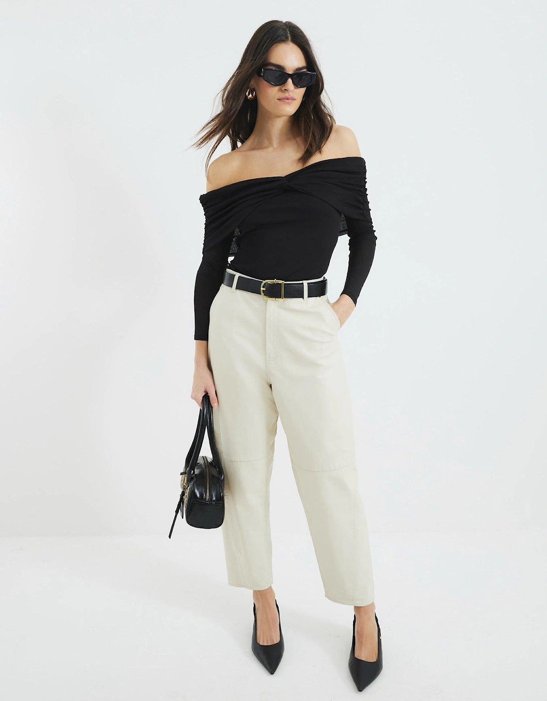 Ruched Bardot Top - Black