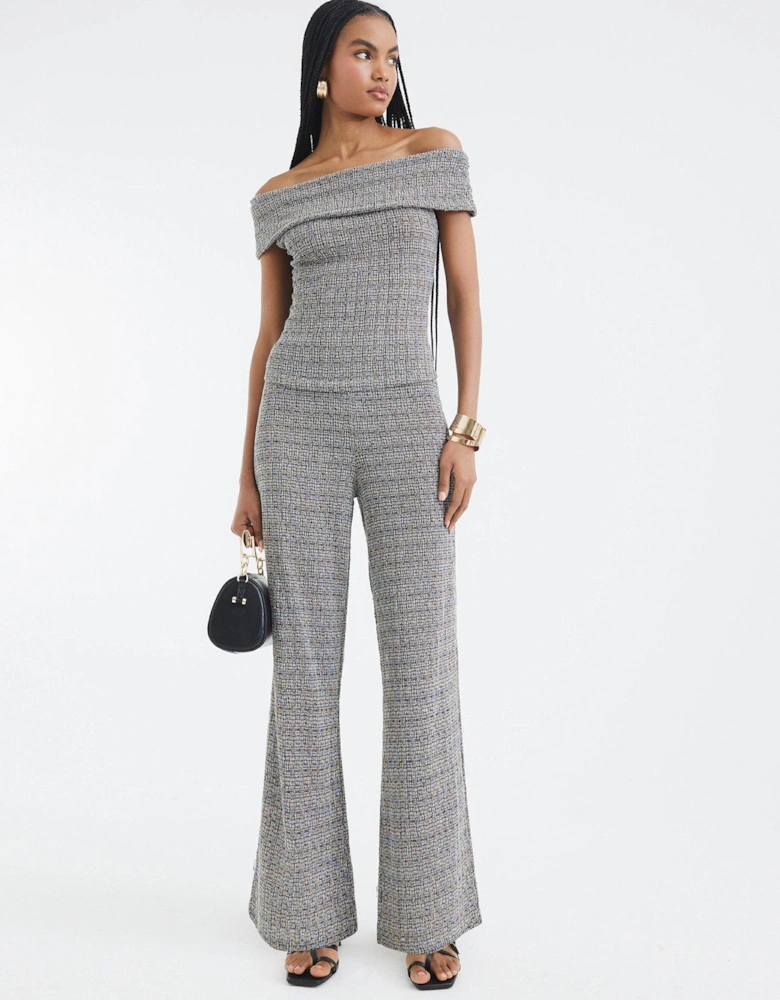 Textured Wide Leg Trousers Set - Light Grey