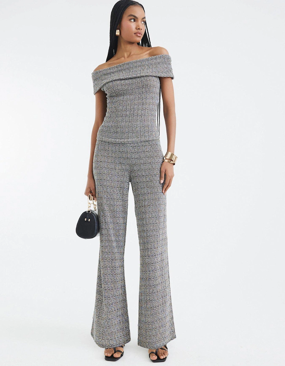 Textured Wide Leg Trousers Set - Light Grey