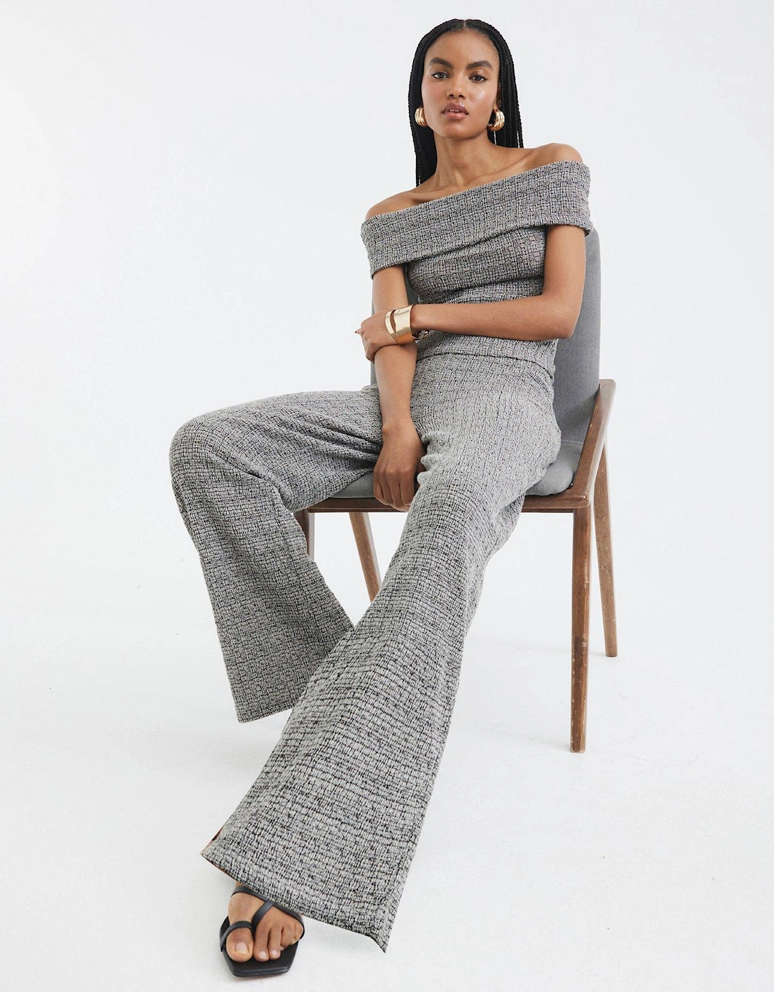 Textured Wide Leg Trousers Set - Light Grey