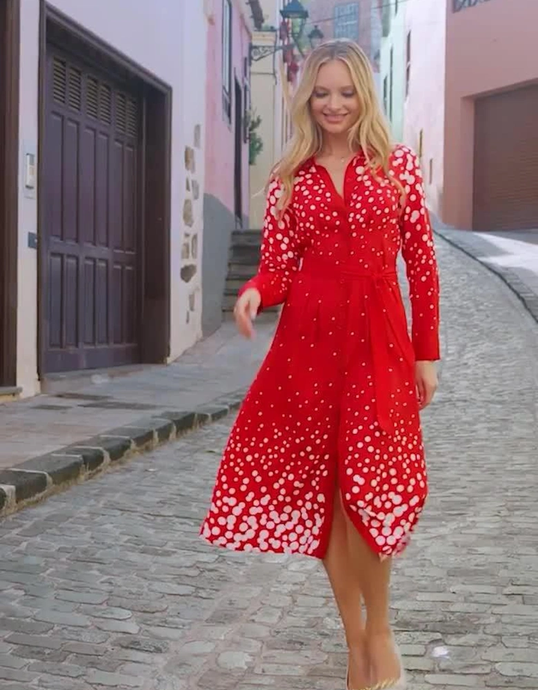 Spot Print Shirt Dress - Red