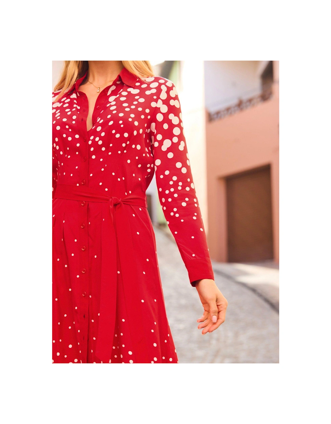 Spot Print Shirt Dress - Red