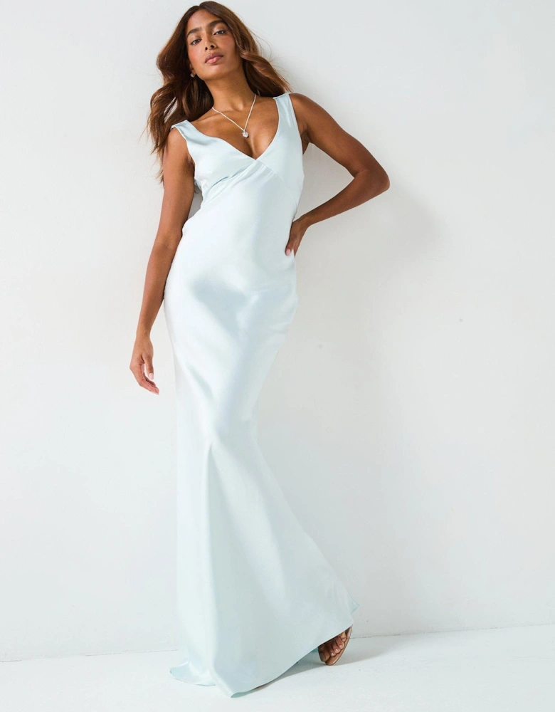 Satin Twist Back Bridesmaid Dress - Ice - Blue