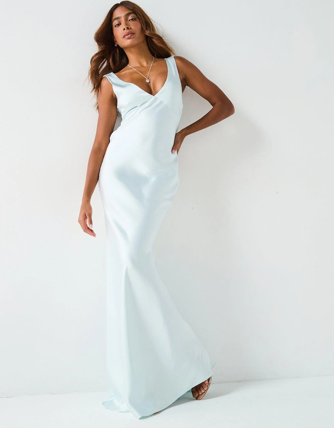 Satin Twist Back Bridesmaid Dress - Ice - Blue