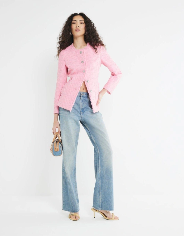 Collarless Boucle Jacket - Pink