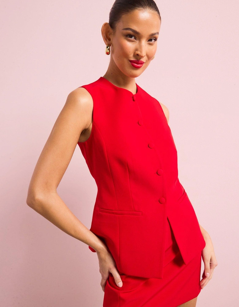 Round Neck Button Down Waistcoat - Red