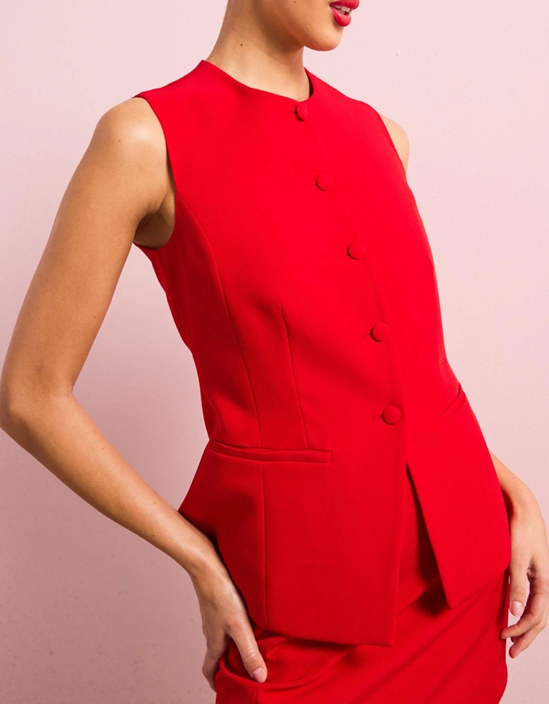 Round Neck Button Down Waistcoat - Red
