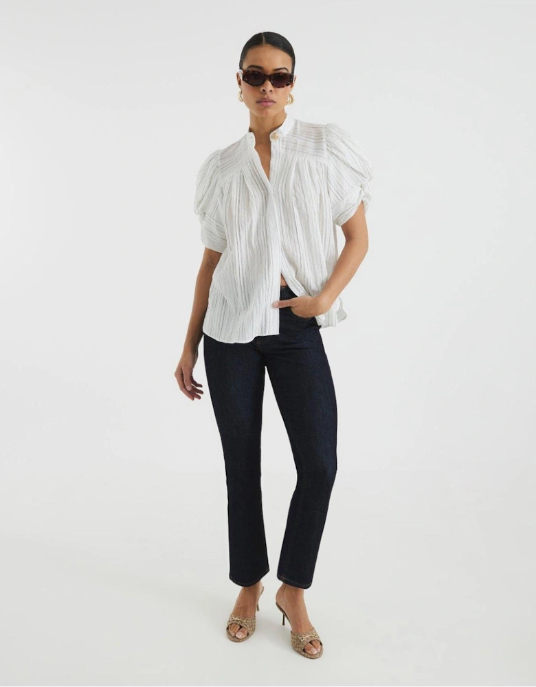Gold Button Pleated Blouse - White